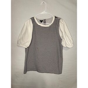 Talbots Women Black White Striped Puff Sleeve Knit Top Mixed Media Size L ID5359